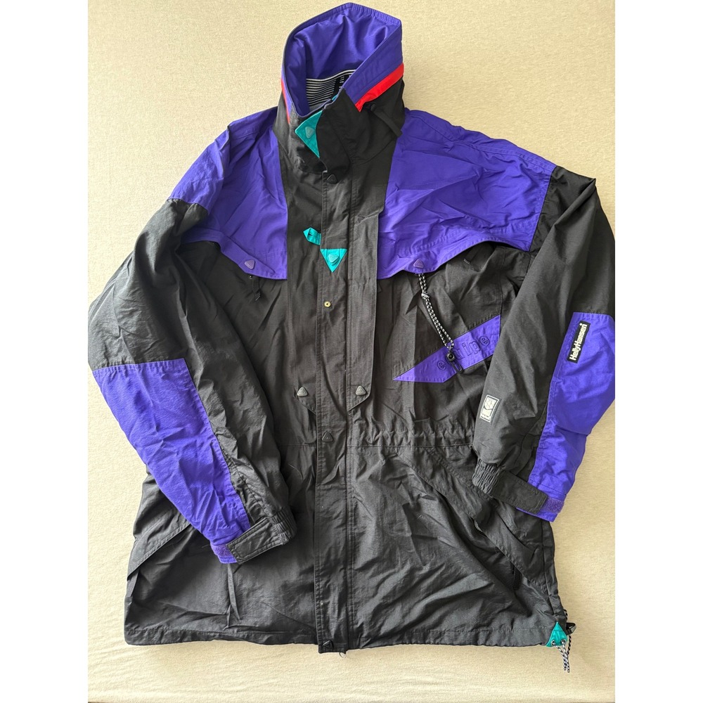 Vintage Helly Hansen Equipe Ski Jacket XL Black Purple Colorblock Helly-Tech